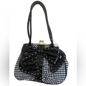 Charming Charlie Retro Style Houndstooth Bow Handbag Kiss Lock Statement Bag